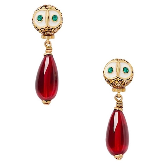 KATE SPADE • Owl Night Bird Drop Gold Red Dangle Earrings - Picture 1 of 6